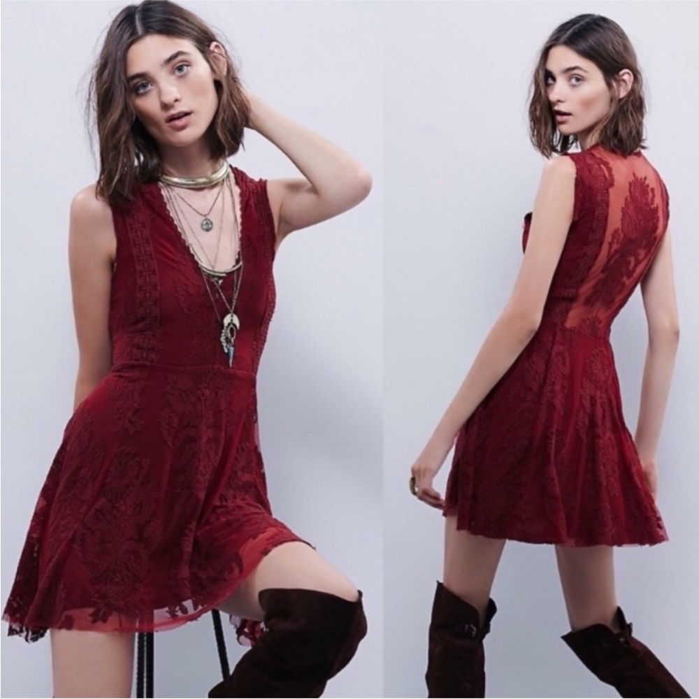 Free People Dark Red Garnet Reign Over Me Sleeveless Lace Mini Dress 6 M Medium